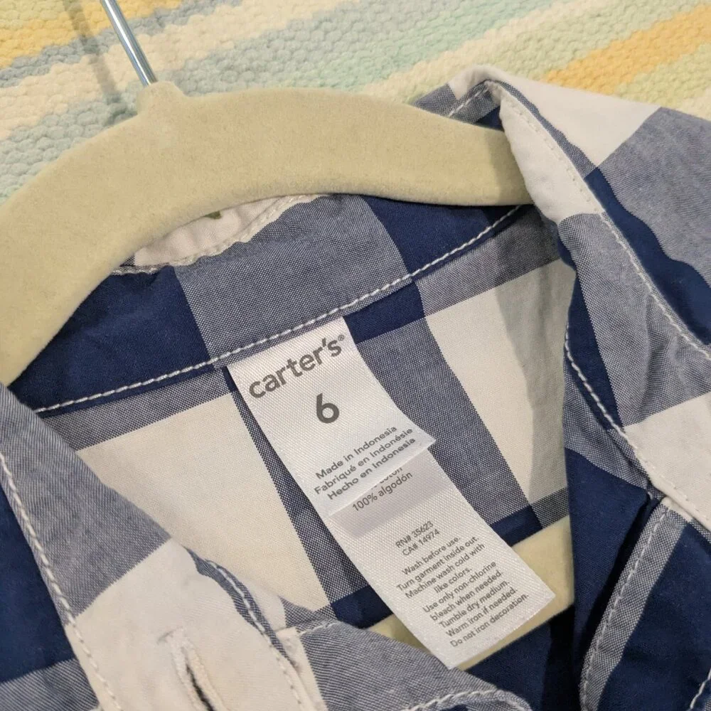 ⭐ Carter's white and blue gingham check shirt dress size 6